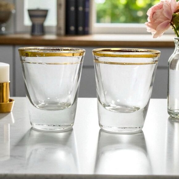 Vintage Anchor Hocking Shot Glass Gold Rim Weighted 2 1/4” Set Of 2 MCM *READ - Picture 1 of 9